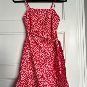 Showpo Red Floral Mini Dress – Size 8 (small) | Ruffle Hem, Tie Waist